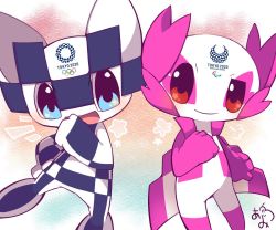 Rule 34 | 1boy, 1girl, 2020 summer olympics, ^^^, blue eyes, clenched hand, full body, mascot, olympics, open mouth, red eyes, signature, smile, star (symbol)
