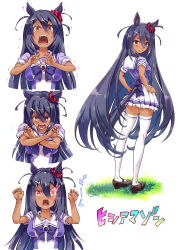 Rule 34 | 1girl, animal ears, black hair, bow, breasts, claw pose, cleavage, closed mouth, clothing cutout, commentary request, dark-skinned female, dark skin, ear ornament, full body, hair between eyes, hair ornament, hairclip, hands on own hips, highres, hishi amazon (umamusume), horse ears, horse girl, horse tail, large breasts, long hair, multiple views, open mouth, pleated skirt, puffy short sleeves, puffy sleeves, purple bow, sharp teeth, short sleeves, simple background, skirt, smile, suzuki24, tail, tail through clothes, teeth, thighhighs, umamusume, upper body, very long hair, white background, white thighhighs, yellow eyes