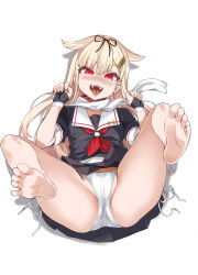 Rule 34 | 1girl, :d, animal ears, asanagi, ass, bare legs, barefoot, black ribbon, black serafuku, blonde hair, blush, breasts, cameltoe, collar, commission, dog ears, fangs, feet, fingerless gloves, full body, gloves, gradient hair, hair between eyes, hair flaps, hair ornament, hair ribbon, hairclip, highres, kantai collection, legs up, long hair, long sleeves, looking at viewer, lying, multicolored hair, neckerchief, nose blush, on back, open mouth, panties, red eyes, red neckerchief, ribbon, scarf, school uniform, serafuku, short hair, short sleeves, side-tie panties, simple background, skeb commission, skirt, smile, solo, spread legs, toes, tongue, tongue out, underwear, white background, white panties, white scarf, yuudachi (kancolle), yuudachi kai ni (kancolle)