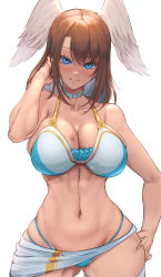 Rule 34 | 1girl, abs, absurdres, armpit crease, asymmetrical bangs, bikini, blue bikini, blue eyes, blush, breasts, brown hair, chest tattoo, choker, cleavage, closed mouth, collarbone, curvy, eunie (xenoblade), feathered wings, hand in own hair, hand on own hip, hand up, head wings, highres, large breasts, long hair, looking at viewer, navel, sarong, smile, solo, swimsuit, tattoo, thigh strap, togin, two-tone bikini, white background, white bikini, white wings, wide hips, wings, xenoblade chronicles (series), xenoblade chronicles 3