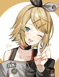 Rule 34 | 1girl, bare shoulders, black bow, black choker, black shirt, blonde hair, blue eyes, blush, bow, character name, choker, collarbone, commentary, grey bow, hair bow, hair ornament, hairclip, headset, highres, kagamine rin, long sleeves, off-shoulder shirt, off shoulder, one eye closed, open mouth, project sekai, sano (ekk fy), shirt, short hair, sidelocks, smile, two-tone bow, v, vivid bad squad (project sekai), vivid bad squad rin, vocaloid, yellow background