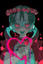 Rule 34 | 1girl, aqua hair, black background, blue tongue, colored skin, colored tongue, commentary, dot nose, drawn heart, earrings, english text, falling petals, hair between eyes, hair ornament, hair over shoulder, hand up, hatsune miku, head wreath, heart, heart-shaped pupils, highres, index finger raised, jewelry, long hair, looking at viewer, multicolored hair, necklace, omutatsu, open mouth, pale skin, petals, pink hair, pink sleeves, print shirt, raglan sleeves, red eyes, scar, scar on face, shirt, short sleeves, simple background, solo, stitched face, stitches, stud earrings, symbol-shaped pupils, teeth, tongue, tongue out, translated, twintails, upper teeth only, zombie, zombie (vocaloid)