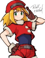 Rule 34 | belt, black leotard, blonde hair, blouse, blush, breasts, brown belt, brown gloves, buttons, character name, closed mouth, covered navel, cowboy shot, crop top, gesture, gloves, green eyes, hand on own hip, happy, hat, highres, leotard, long hair, mega man (series), mega man legends (series), red hat, red shirt, red shorts, roll caskett (mega man), shinmon akika, shirt, short sleeves, shorts, simple background, small breasts, smile, turtleneck, upper body, white background