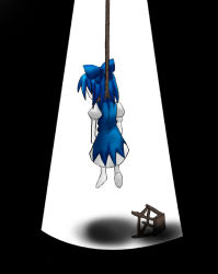 Rule 34 | 1girl, asphyxiation, blue hair, chair, cirno, death, embodiment of scarlet devil, female focus, hanged, hanging, light, noose, rope, shadow, short hair, solo, spotlight, suicide, tagme, touhou