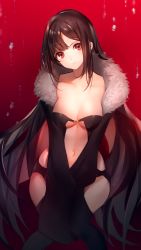 Rule 34 | 1girl, bad id, bad pixiv id, black dress, blush, breasts, brown hair, center opening, cleavage, dress, fate/grand order, fate (series), fur collar, fur trim, gradient background, head tilt, highres, long hair, looking at viewer, medium breasts, navel, popupi, red background, red eyes, revealing clothes, sidelocks, simple background, solo, water drop, yu mei-ren (fate)