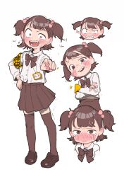 Rule 34 | 1girl, armband, blunt bangs, blush, bow, bowtie, brown bow, brown eyes, brown hair, brown skirt, brown thighhighs, child, clenched teeth, closed mouth, collared shirt, commentary, cropped shoulders, crossed arms, crying, crying with eyes open, embarrassed, english commentary, expressions, full body, hair bobbles, hair ornament, head, head tilt, highres, laughing, long sleeves, looking at viewer, medium hair, multiple views, name tag, nose blush, open mouth, opossumachine, original, pointing, pointing at viewer, school uniform, shirt, short twintails, simple background, skirt, smile, smug, standing, tears, teeth, thighhighs, translation request, twintails, upper body, white background, white shirt, yellow armband