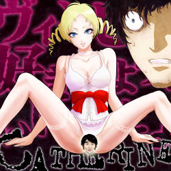 Rule 34 | 1boy, 1girl, atlus, blonde hair, blue eyes, bow, catherine, catherine (game), censored, character censor, choker, drill hair, eyeshadow, legs, makeup, novelty censor, real life, red ribbon, ribbon, scared, short twintails, smaru, soejima shigenori (character), spread legs, surprised, thighhighs, twintails, vincent brooks, waist bow