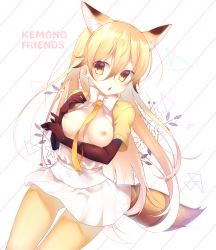 Rule 34 | 10s, 1girl, animal ears, between breasts, blonde hair, blush, bow, bowtie, breasts, breasts out, chestnut mouth, chihiro (khorosho), commentary request, copyright name, ezo red fox (kemono friends), fox ears, fox tail, gloves, hair between eyes, highres, jacket, kemono friends, long hair, long sleeves, looking at viewer, necktie, necktie between breasts, nipples, no bra, open clothes, pantyhose, pleated skirt, skirt, small breasts, solo, tail, yellow eyes
