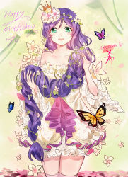 Rule 34 | 10s, 1girl, braid, bug, butterfly, character name, crown, dress, flower, gradient background, green eyes, hair flower, hair ornament, hair over shoulder, happy birthday, highres, holding, holding hair, insect, long hair, love live!, love live! school idol festival, love live! school idol project, off-shoulder dress, off shoulder, plant, purple hair, single braid, solo, tojo nozomi, very long hair, vines, xinghuo