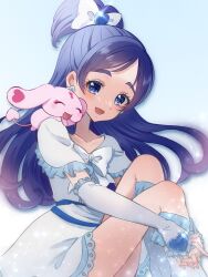 Rule 34 | 1girl, 1other, arm warmers, blue background, blue eyes, blue hair, boots, bow, closed eyes, collarbone, cure white, dress, earrings, futari wa precure, gloves, gradient background, heart, heart earrings, highres, jewelry, leg warmers, long hair, looking at viewer, magical girl, mipple, open mouth, precure, shigen pr, sitting, smile, yukishiro honoka