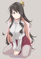 Rule 34 | 10s, 1girl, black hair, breasts, commentary request, dress, frown, grey pantyhose, hair ribbon, kantai collection, kichihachi, large breasts, long hair, long sleeves, looking to the side, multicolored hair, naganami (kancolle), pantyhose, pink hair, ribbon, shirt, sitting, sleeveless, sleeveless dress, solo, suspenders, suspenders slip, twitter username, very long hair, white shirt, yellow eyes