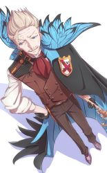 Rule 34 | 1boy, blue eyes, bug, butterfly, facial hair, fate/grand order, fate (series), formal, gloves, hollomaru, bug, james moriarty (archer) (fate), male focus, mustache, short hair, simple background, solo, suit, translation request, vest, white background, white hair