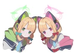Rule 34 | 2girls, :&lt;, animal ear headphones, animal ears, blonde hair, blue archive, blue necktie, blush, bow, closed mouth, collared shirt, fake animal ears, green bow, green eyes, green halo, hair bow, halo, headphones, jacket, looking at viewer, midori (blue archive), momoi (blue archive), multiple girls, necktie, new ma, parted lips, pink eyes, pink halo, red bow, shirt, short hair, siblings, simple background, sisters, twins, two-sided fabric, two-sided jacket, upper body, white background, white jacket, white shirt