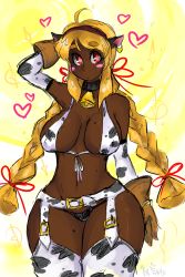 Rule 34 | 1girl, absurdres, ahoge, animal ears, animal print, bad id, bad pixiv id, bare shoulders, bell, bikini, bikini top only, blonde hair, blush stickers, breasts, chaps, collar, cow ears, cow print, cowbell, dark-skinned female, dark skin, detached sleeves, earrings, fake animal ears, ganguro, gloves, heart, highres, huge filesize, jewelry, kirbila (yellow kirby), large breasts, long hair, mole, mole on breast, mole under eye, narrow waist, navel, neck bell, original, solo, swimsuit, thick thighs, thighhighs, thighs, wide hips, yellow kirby