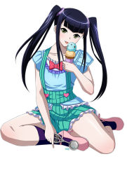 Rule 34 | 00s, 1girl, black hair, collarbone, female focus, food, full body, hair ornament, heart, ice cream, ikkitousen, licking, long hair, looking at viewer, saji genpou (true), simple background, sitting, skirt, smile, solo, spread legs, suspender skirt, suspenders, sweets, thighs, tongue, tongue out, twintails, white background, yellow eyes