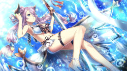 Rule 34 | 1girl, ankle ribbon, armpits, bikini, blue eyes, bubble, floating hair, from below, granblue fantasy, hair bun, hair over one eye, highres, holding, holding sword, holding weapon, horns, hourainingyou, leg ribbon, long hair, narmaya (granblue fantasy), narmaya (summer) (granblue fantasy), parted lips, pink hair, pointy ears, ribbon, single hair bun, solo, swimsuit, sword, thigh strap, twintails, underwater, very long hair, weapon, white bikini, white ribbon
