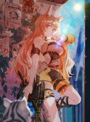 Rule 34 | 1girl, animal ears, arknights, armband, bare arms, bare shoulders, breasts, ceobe (arknights), ceobe (summer flowers) (arknights), commentary request, highres, hitokoto, holding, holding weapon, long hair, looking at viewer, medium breasts, official alternate costume, orange eyes, orange hair, solo, standing, standing on one leg, thighs, very long hair, wanted, weapon