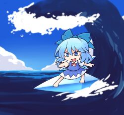 Rule 34 | 1girl, 216, barefoot, blue bow, blue eyes, blue hair, blue skirt, blue sky, blue vest, bow, bowtie, chibi, cirno, cloud, collared shirt, commentary request, full body, hair bow, highres, ice, ice wings, looking afar, ocean, open mouth, red bow, red bowtie, shirt, short hair, short sleeves, skirt, skirt set, sky, smile, solo, surfing, touhou, v-shaped eyebrows, vest, water, waves, white shirt, wings