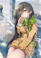 Rule 34 | 1girl, absurdres, animal, artist name, bag, bench, blush, breasts, brown hair, cat, closed mouth, coat, coffee, coffee cup, cup, disposable cup, fal maro, food-themed hair ornament, fringe trim, green eyes, green scarf, hair between eyes, hair ornament, hairclip, head tilt, highres, holding, holding cup, long hair, long sleeves, looking at viewer, medium breasts, melon hair ornament, melonbooks, original, outdoors, ribbed sweater, scan, scarf, sidelocks, snow, snowing, solo, stairs, sweater, very long hair, white cat, white sweater, winter, yellow coat