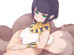 Rule 34 | 1boy, 1girl, ass, assertive female, black hair, blunt bangs, bracelet, breasts, egyptian clothes, frfr, grabbing own breast, green eyes, hand on another&#039;s stomach, head out of frame, hetero, highres, implied paizuri, jewelry, lamia, large breasts, looking at viewer, monster girl, navel, original, paizuri, pointy ears, short hair, sidelocks, simple background, smile, usekh collar, white background