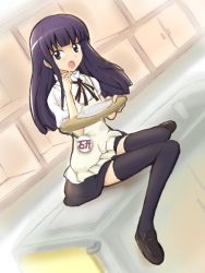 Rule 34 | 1girl, aitaso, apron, bad id, bad pixiv id, badge, black thighhighs, counter, eating, food, french fries, long hair, open mouth, purple eyes, purple hair, shoes, sink, sitting, skirt, solo, thighhighs, tray, tsurime, waitress, working!!, yamada aoi, zettai ryouiki