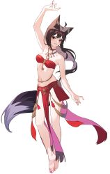 Rule 34 | 1girl, absurdres, ahoge, animal ear fluff, animal ears, arm up, barefoot, black hair, blush, braid, breasts, commentary request, dancer, feet, final fantasy, final fantasy xiv, fox ears, fox girl, fox tail, hair between eyes, highres, hololive, hoshirapu, kurokami fubuki, legs, long hair, looking at viewer, nail polish, red eyes, red nails, sidelocks, simple background, single braid, small breasts, solo, sweatdrop, tail, tiptoes, toenail polish, toenails, toes, virtual youtuber, wavy mouth, white background