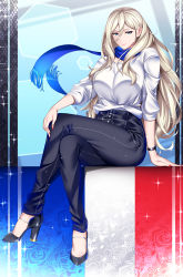 Rule 34 | 1girl, absurdres, blonde hair, blue scarf, blush, breasts, closed mouth, denim, eyes visible through hair, from below, grey eyes, hair between eyes, hand in own hair, high-waist pants, highres, huge filesize, jeans, kantai collection, large breasts, long hair, looking at viewer, mole, mole under eye, official alternate costume, pants, richelieu (kancolle), scarf, shirt, sitting, smile, solo, white shirt