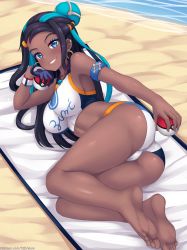 Rule 34 | 1girl, absurdres, alternate breast size, armpits, ass, bare legs, bare shoulders, barefoot, beach, bikini, black hair, blue eyes, blue hair, breasts, commentary, creatures (company), dark-skinned female, dark skin, day, english commentary, feet, forehead, game freak, gloves, grin, hair ornament, highres, holding, holding poke ball, large breasts, long hair, looking at viewer, lying, multicolored hair, nessa (pokemon), nintendo, nottytiffy, on side, outdoors, poke ball, poke ball (basic), pokemon, pokemon swsh, purple gloves, sand, single glove, smile, soles, solo, swimsuit, tankini, two-tone hair, very long hair, water, watermark, web address, white bikini, wristband