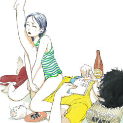 Rule 34 | 1boy, 1girl, alcohol, barefoot, beer, black hair, book, bottomless, clothed sex, flat chest, girl on top, glasses, hand fan, hetero, paper fan, pig, ryuko azuma, sex, short hair, text focus, uchiwa, vaginal