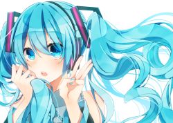 Rule 34 | 1girl, asagao minoru, blue eyes, blue hair, blue nails, detached sleeves, hatsune miku, long hair, looking at viewer, matching hair/eyes, nail polish, necktie, open mouth, sleeveless, solo, twintails, v, very long hair, vocaloid