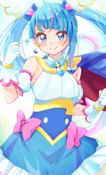 Rule 34 | 1girl, absurdres, ahoge, armband, blue cape, blue dress, blue eyes, blue hair, blue skirt, blush, bow, brooch, cape, clenched hands, closed mouth, commentary, cowboy shot, cure sky, cut bangs, detached sleeves, dress, earrings, fingerless gloves, gloves, hair ornament, highres, hirogaru sky! precure, jewelry, long hair, looking at viewer, magical girl, multicolored hair, pink bow, pink hair, precure, puffy detached sleeves, puffy sleeves, single earring, single sidelock, skirt, sleeveless, sleeveless dress, smile, solo, sora harewataru, standing, streaked hair, sugimura mickey, twintails, two-sided cape, two-sided fabric, white gloves, wind, wing brooch, wing hair ornament