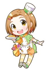 Rule 34 | 1girl, apron, back bow, bad id, bad pixiv id, bag, blush, bow, brown hair, chef hat, chibi, dress, female focus, flat chest, food, full body, gloves, green dress, green footwear, hair ornament, hairclip, hand up, happy, hat, holding, idolmaster, idolmaster cinderella girls, looking at viewer, mittens, neckerchief, open mouth, orange gloves, orange neckerchief, orange thighhighs, outstretched arm, pigeon-toed, plaid, plaid dress, plaid gloves, plate, puffy short sleeves, puffy sleeves, ratryu, ryuzaki kaoru, shoes, short hair, short sleeves, simple background, smile, solo, spatula, spoon, standing, striped clothes, striped neckerchief, striped neckwear, striped thighhighs, teeth, thighhighs, tilted headwear, unmoving pattern, white background, white hat, wrist cuffs, yellow eyes