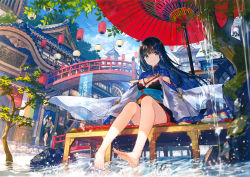 Rule 34 | 2girls, absurdres, architecture, banner, bare legs, barefoot, black hair, blue eyes, blunt bangs, branch, breasts, bridge, building, cleavage, closed mouth, cloud, dango, east asian architecture, feet, food, fuzichoco, hair ornament, highres, japanese clothes, lantern, leaf, long hair, looking at viewer, medium breasts, multiple girls, oil-paper umbrella, original, pier, plate, rock, scenery, sitting, sky, smile, solo focus, standing, thighs, tree, umbrella, wagashi, water, water wheel, wet