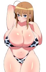 Rule 34 | 1girl, ahoge, animal print, arm up, armpits, bare shoulders, bikini, blue eyes, breasts, brown hair, cake print, cleavage, collarbone, commentary request, cow print, curvy, highres, huge breasts, komusou (jinrikisha), lips, long hair, looking at viewer, navel, ooba minori, original, plump, print bikini, simple background, skindentation, solo, swimsuit, thick thighs, thighs, white background, wide hips