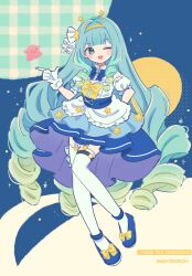 Rule 34 | :d, absurdres, aqua hair, blue bow, blue eyes, blue footwear, blue skirt, blunt bangs, bow, brooch, commission, curly hair, detached sleeves, frilled shirt collar, frilled skirt, frills, full body, gloves, gradient hair, green hair, hair ornament, headband, highres, idol clothes, jelly hoshiumi, jewelry, long hair, multicolored hair, one eye closed, open mouth, phase connect, shirt, sidelocks, skirt, smile, star (symbol), star in eye, symbol in eye, thighhighs, toomoroco, very long hair, virtual youtuber, white gloves, white shirt, white thighhighs, yellow bow, yellow headband
