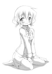 1girl bad_id bad_pixiv_id blush female_focus greyscale hidamari_sketch monochrome nori_(hidamari_sketch) school_uniform short_hair simple_background sitting skirt smile solo white_background yoshitani_motoka