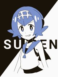 Rule 34 | 1girl, blue hair, blue sailor collar, bright pupils, character name, commentary request, creatures (company), freckles, game freak, grin, hairband, lana (pokemon), limited palette, mizu majuu (waterman10), nintendo, no sclera, pokemon, pokemon sm, sailor collar, shirt, short hair, sleeveless, sleeveless shirt, smile, solo, swimsuit, swimsuit under clothes, teeth, upper body, white pupils