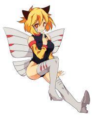 Rule 34 | 1girl, animal ears, blonde hair, boots, breasts, creatures (company), detached sleeves, facial mark, game freak, gen 3 pokemon, high heel boots, high heels, large breasts, ninjask, nintendo, personification, pokemon, rdim6gr8, red eyes, short hair, solo, thigh boots, thighhighs, wings