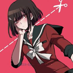 Rule 34 | 1girl, alternate hairstyle, arm at side, artist name, black sailor collar, blunt bangs, blush, bob cut, bow, breast pocket, breasts, brown hair, closed mouth, collarbone, commentary, criis-chan, cut-here line, danganronpa (series), danganronpa v3: killing harmony, dutch angle, earrings, eyes visible through hair, hair ornament, hairpin, hand on own cheek, hand on own face, hand up, harukawa maki, jewelry, lapel pin, looking at viewer, looking away, looking to the side, medium breasts, neck ribbon, pocket, red background, red eyes, red shirt, ribbon, ringed eyes, sailor collar, school uniform, scissors, serafuku, shirt, short hair, sidelocks, sleeves rolled up, solo, stud earrings, tumblr username, upper body, v-shaped eyebrows, watermark, web address, white bow, white ribbon, yuushinkan high school uniform