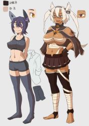 Rule 34 | 10s, 2girls, arms behind back, bandaged leg, bandages, barefoot, between breasts, boyshort panties, breasts, character sheet, choker, cleavage, covered erect nipples, dark-skinned female, dark skin, eyepatch, full body, glasses, gloves, hand on own hip, kantai collection, large breasts, midriff, mikoyan, multiple girls, musashi (kancolle), musashi kai (kancolle), navel, necktie, necktie between breasts, open clothes, orange eyes, pointy hair, purple hair, sarashi, shirt, short hair, shorts, simple background, skirt, smile, sports bra, tenryuu (kancolle), thighhighs, toeless legwear, toes, two side up, underwear, underwear only, white hair, yellow eyes