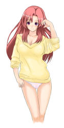 Rule 34 | 00s, 1girl, bottomless, breasts, huge breasts, kazami mizuho, lace, lace-trimmed panties, lace trim, large breasts, no pants, onegai teacher, panties, red hair, shima-shuu, sleeves pushed up, solo, standing, sweater, thigh gap, thighs, underwear, white panties