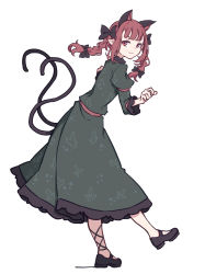 Rule 34 | 1girl, :3, animal ears, black bow, black footwear, black ribbon, blunt bangs, bow, braid, cat ears, cat tail, closed mouth, commentary, dress, extra ears, eyebrows hidden by hair, floral print, frilled dress, frilled sleeves, frills, from side, full body, green dress, hair bow, hands up, highres, juliet sleeves, kaenbyou rin, kame (kamepan44231), leaning forward, leg ribbon, long sleeves, looking at viewer, looking to the side, mary janes, medium hair, multiple tails, nekomata, one-hour drawing challenge, paw pose, pointy ears, puffy sleeves, red eyes, red hair, ribbon, shoes, simple background, solo, standing, standing on one leg, tail, touhou, twin braids, two tails, white background