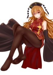 Rule 34 | 1girl, absurdres, adapted costume, ass, bare shoulders, blonde hair, blush, breasts, brown pantyhose, china dress, chinese clothes, commentary request, detached sleeves, dress, full body, hair between eyes, headdress, highres, invisible chair, junko (touhou), knees up, large breasts, long hair, long sleeves, looking at viewer, no shoes, pantyhose, red dress, red eyes, revision, ribbon-trimmed sleeves, ribbon trim, short dress, simple background, sitting, sleeves past fingers, sleeves past wrists, smile, solo, tassel, thighs, touhou, very long hair, white background, wide sleeves, wing collar, wuwusan