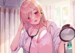 Rule 34 | 1girl, blonde hair, blurry, blurry background, blush, book, braid, breasts, cabinet, camisole, ceiling, cleavage, coat, collarbone, curtains, hair between eyes, highres, holding, holding stethoscope, infirmary, lab coat, large breasts, long hair, looking at viewer, non-web source, nurse, open clothes, open coat, open mouth, original, pink camisole, red eyes, rouka (akatyann), smile, solo, stethoscope, upper body