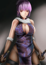 Rule 34 | 1girl, ayane (doa), breasts, china dress, chinese clothes, cleavage, dead or alive, dress, fishnet gloves, fishnet pantyhose, fishnets, gloves, katana, large breasts, nannacy7, ninja gaiden, ninja gaiden sigma 2, pantyhose, purple hair, red eyes, short hair, sword, tecmo, thigh strap, weapon