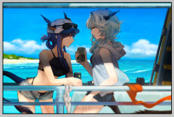 Rule 34 | 2girls, arknights, bare arms, bare shoulders, baseball cap, beach, bikini, black bikini, blue hair, blue sky, breasts, can, ch&#039;en (arknights), ch'en (arknights), chinese commentary, cloud, commentary request, cowboy shot, day, dragon horns, dragon tail, drink, female tourist c (arknights), from side, grey hoodie, grey shorts, hat, highres, holding, holding can, hood, hoodie, horns, horns through headwear, looking at another, multiple girls, mush, ocean, official alternate costume, open fly, outdoors, parted lips, profile, railing, red eyes, short shorts, shorts, siblings, sidelocks, silver hair, sisters, sky, sleeveless, sleeveless hoodie, small breasts, standing, stomach, swimsuit, tail, talulah (arknights), thighs, water, waves