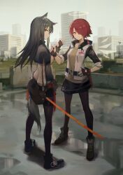 Rule 34 | 2girls, animal ear fluff, animal ears, arknights, black capelet, black hair, black pantyhose, brown eyes, capelet, chinese commentary, commentary request, energy wings, exusiai (arknights), fingerless gloves, gloves, hair over one eye, halo, hand on own hip, highres, holding, holding sword, holding weapon, huanxiang heitu, id card, jacket, long hair, long sleeves, looking at viewer, looking back, multiple girls, open clothes, open jacket, pantyhose, raglan sleeves, red hair, short hair, smile, standing, sword, tail, texas (arknights), weapon, white jacket, wolf ears, wolf tail