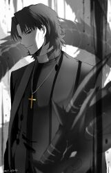 Rule 34 | 1boy, brown hair, cassock, clerical collar, cross, cross necklace, fate/grand order, fate (series), highres, jewelry, kotomine kirei, looking at viewer, male focus, mct, monochrome, necklace, noble phantasm (fate), parted bangs, priest, profile, rasputin (fate), red eyes, short hair, signature, smile, stole, upper body