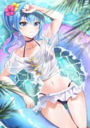Rule 34 | 1girl, absurdres, bikini, bikini under clothes, blue eyes, blue hair, choker, collarbone, flower, frilled skirt, frills, hair between eyes, hair flower, hair ornament, highres, hololive, hoshimachi suisei, innertube, looking at viewer, midriff, navel, parted lips, partially submerged, ponytail, see-through, shirt, skirt, solo, star (symbol), star in eye, swim ring, swimsuit, symbol in eye, tied shirt, tilu, virtual youtuber, water, wet, wet clothes, wet shirt