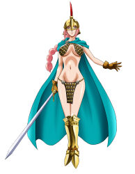 Rule 34 | 1girl, absurdres, armor, bare shoulders, bikini armor, braid, breasts, female focus, gladiator, gloves, helmet, highres, large breasts, long hair, looking at viewer, navel, one piece, pink hair, rebecca (one piece), simple background, solo, soukichi, sword, weapon